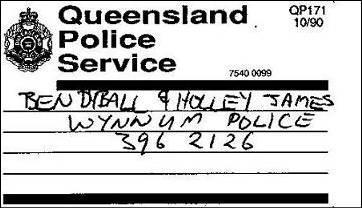 Ben Dyball's and Holley James' police business card