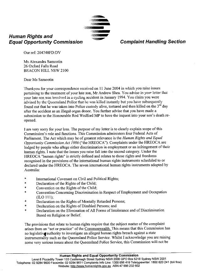 letter from Human Rights and Equal Opportunity Commission